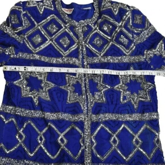 Vintage  80's Scarlet Rage Royal Blue Silver Stars Beaded Sequins Jacket Formal - Picture 12 of 14
